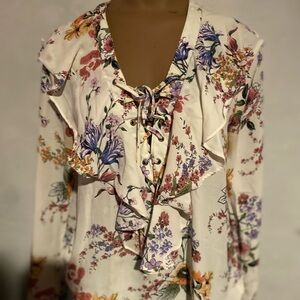 Floral Lace-Up Ruffle Blouse - Cream